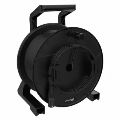 Carretel de cabo preto em material plástico com pega e base de apoio