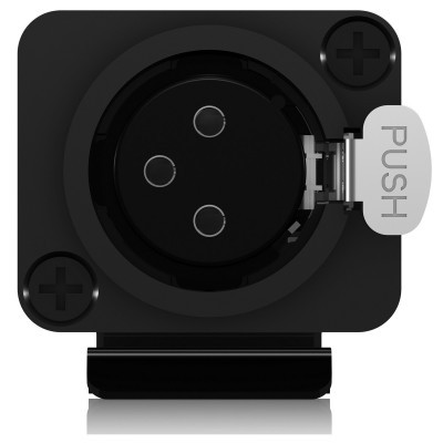 Conector elétrico preto com tampa articulada e texto PUSH