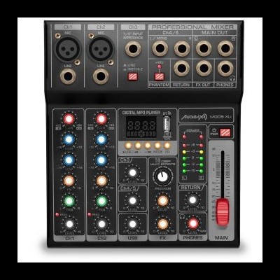 Mesa de mistura profissional AudioSp M203 XL preta com botões coloridos e entradas XLR e jack