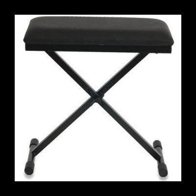 Banco pequeno com assento almofadado preto e estrutura metálica preta em forma de X