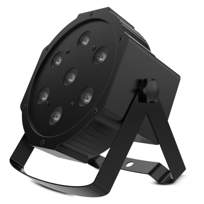 Refletor LED preto com sete luzes circulares e suporte metálico