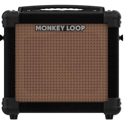 Amplificador de guitarra preto com grade castanha e logótipo Monkey Loop