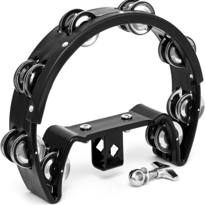 Pandeireta preta com sinos metálicos prateados e suporte para montagem