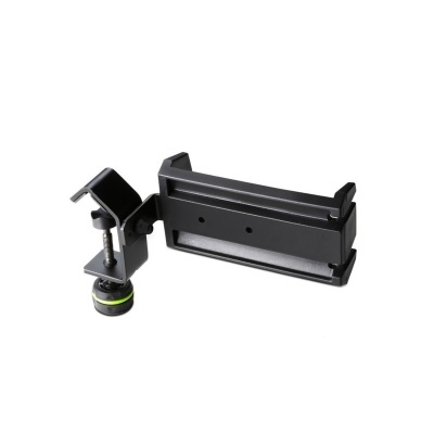 Suporte de metal preto com braçadeira e suporte retangular