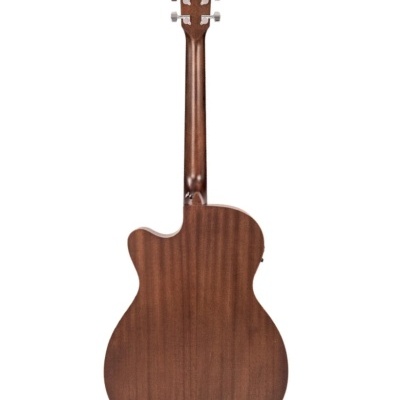 Guitarra acústica traseira em madeira castanha escura com tarraxas prateadas