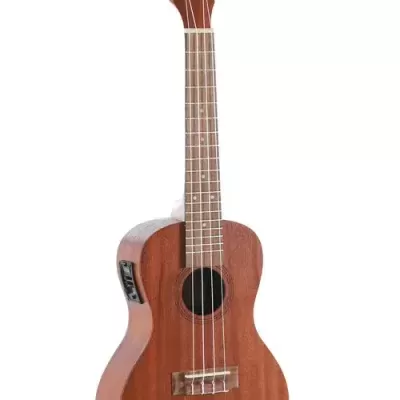 Ukelele de madeira castanha com quatro cordas e dispositivo de amplificação lateral