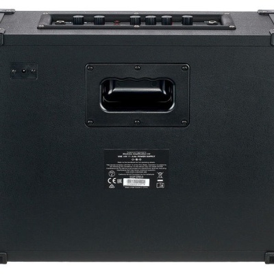 Amplificador de guitarra preto visto de trás com pega e botões no topo