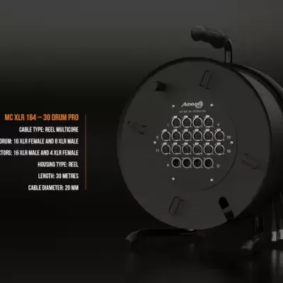 Carretel preto de cabo multicore para áudio com vários conectores XLR