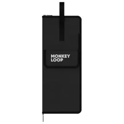 Estojo preto com bolso frontal e alça, texto MONKEY LOOP