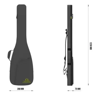 Capa para guitarra cinzenta com bolso e detalhes amarelos em fundo branco.