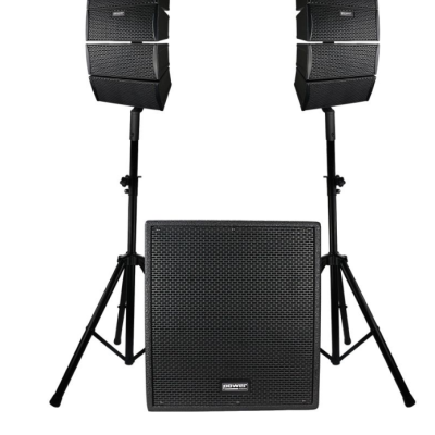 Sistema de colunas de som Power pretas com tripés e subwoofer