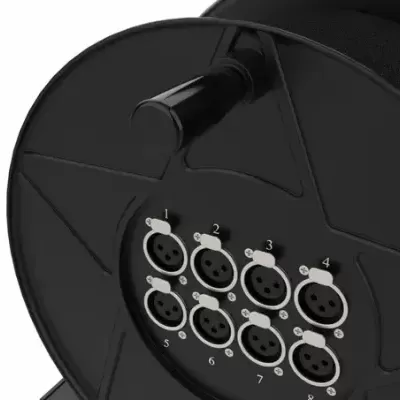 Rolo de cabo preto com conectores circulares numerados de 1 a 8