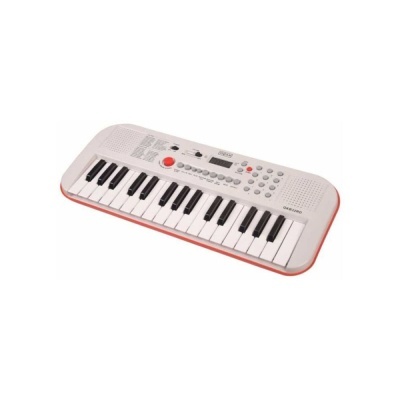 Teclado eletrónico branco e vermelho com 32 teclas e botões de controle