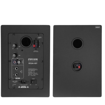 Par de colunas de som pretas com botões e conectores