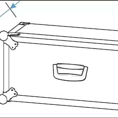Desenho técnico de baú retangular com dimensões e cantos reforçados
