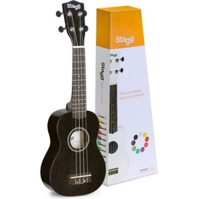Ukelele preto Stagg com caixa branca e laranja