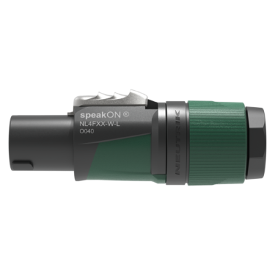 Conector SpeakON NEUTRIK preto e verde para áudio.