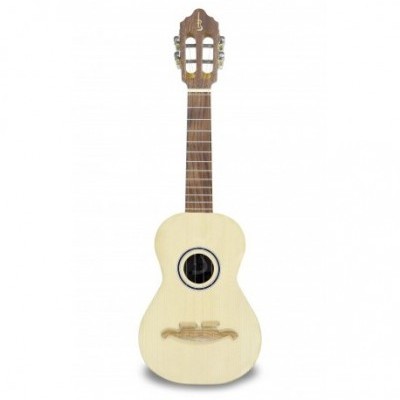 Guitarra acústica pequena em madeira clara e escura com quatro cordas