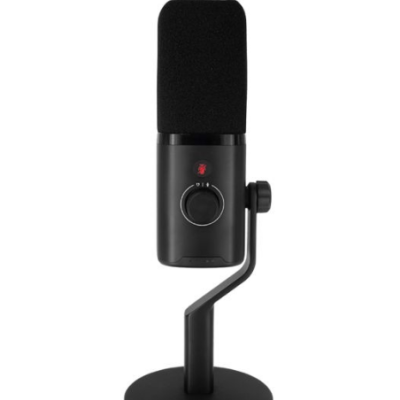 Microfone preto com suporte ajustável e espuma protetora