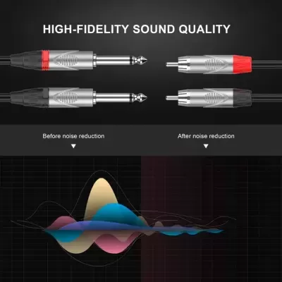 Cabos de áudio com conectores metálicos e gráficos de ondas sonoras antes e depois da redução de ruído