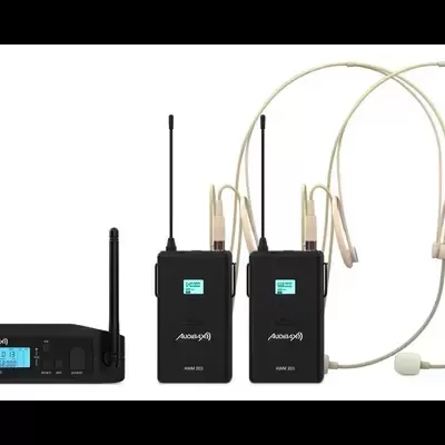 Sistema de microfone sem fio com receptor, transmissores e microfones de cabeça bege claro