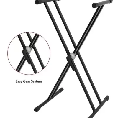 Suporte metálico preto em forma de X com sistema regulável