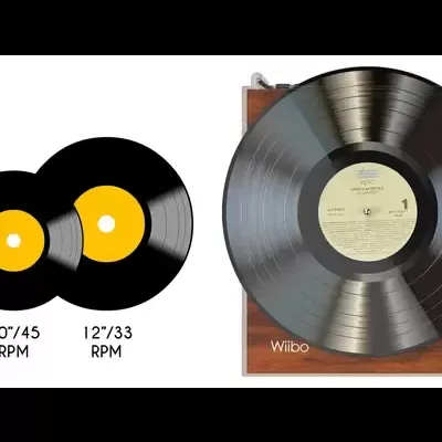 Três discos de vinil de tamanhos diferentes com especificações de RPM e gira-discos Wiibo em madeira.