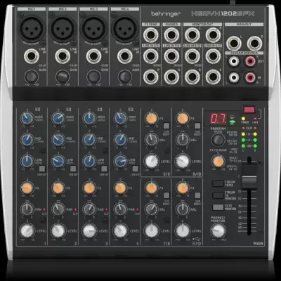 Mesa de mistura áudio Behringer XENYX1202USB preta com botões e entradas