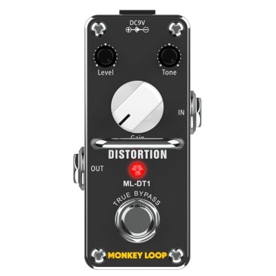 Pedal de distorção de guitarra preto com botões e LEDs