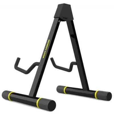 Suporte para guitarra preto e amarelo com base reforçada.