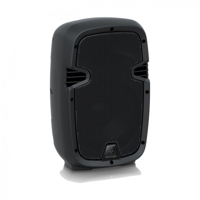 Coluna de som preta com grelha frontal metálica e corpo de plástico