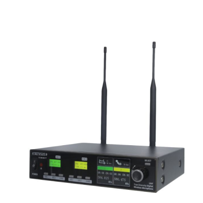 Receptor de microfone wireless preto com duas antenas e ecrãs LCD verdes