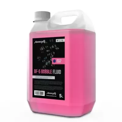 Recipiente plástico branco com líquido rosa e etiqueta preta