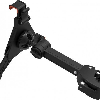 Suporte ajustável preto para tablet com detalhes em laranja e articulações ajustáveis
