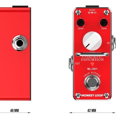 Pedal de guitarra elétrico vermelho com botões e texto branco
