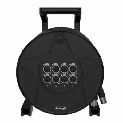 Bobina de cabo preta com oito conectores numerados e carrinho de transporte