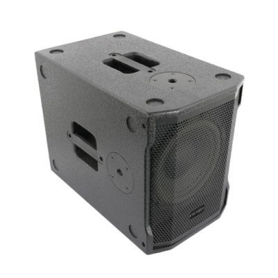 Coluna de som preta com grelha de metal e pega nas laterais