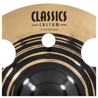 Prato de bateria metálico preto e dourado com texto Classics Custom 12 inch Dual Trash Splash