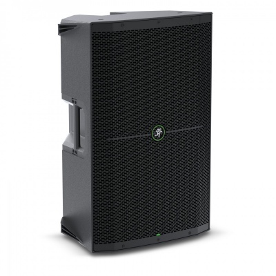 Coluna acústica preta com grelha metálica frontal e logótipo circular verde e branco