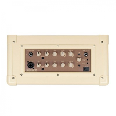 Amplificador de guitarra bege com painel castanho e botões de controlo