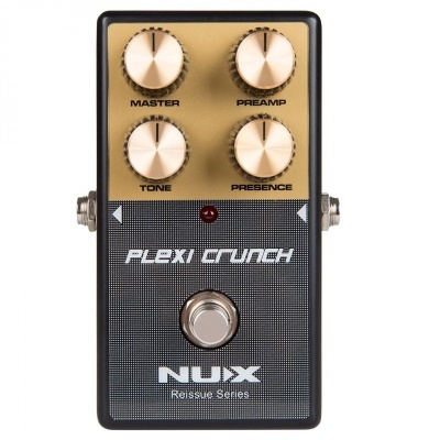 Pedal de guitarra NUX Plexi Crunch preto e dourado com quatro botões rotatórios