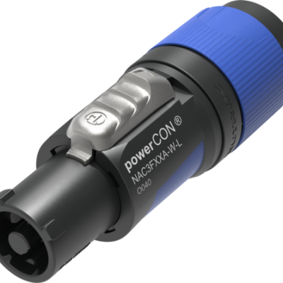 Conector de energia powerCON preto e azul com fecho metálico prateado