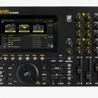 Controlador de áudio Merish5 preto com ecrã digital e botões diversos