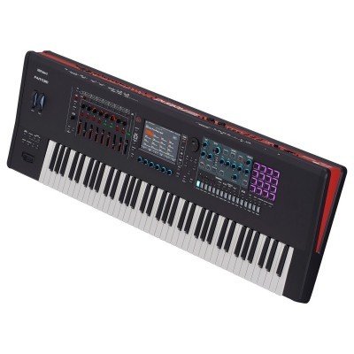 Teclado musical eletrônico com 61 teclas e pads iluminados em roxo