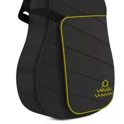 Mala preta com bordas amarelas e ícone na parte inferior direita