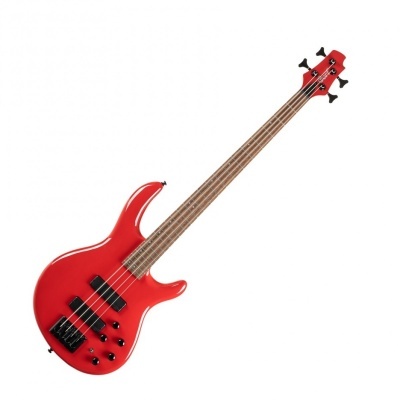 Baixo elétrico vermelho com quatro cordas e cinco botões pretos.