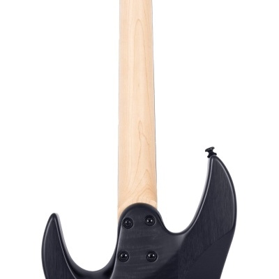 Guitarra elétrica preta vista de trás com braço claro e tarraxas pretas