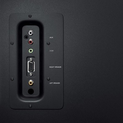 Painel traseiro preto com conectores de áudio e vídeo e texto indicativo