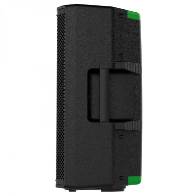 Coluna de som preta com pega e detalhes verdes