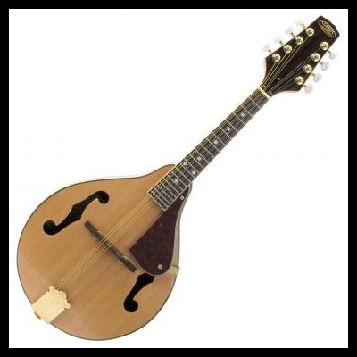 Mandolina acústica de madeira com trastes e cabeça preta com o nome GRETSCH